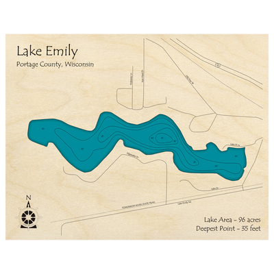 Bathymetric topo map of Lake Emily, WI with roads, towns and depths noted in blue water.