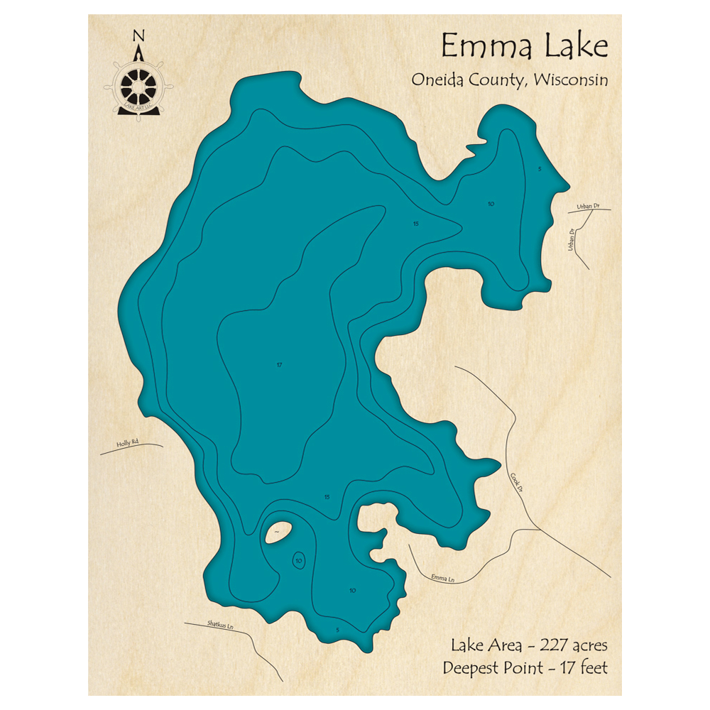 Bathymetric topo map of Emma Lake, WI with roads, towns and depths noted in blue water.