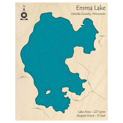 Bathymetric topo map of Emma Lake, WI with roads, towns and depths noted in blue water.