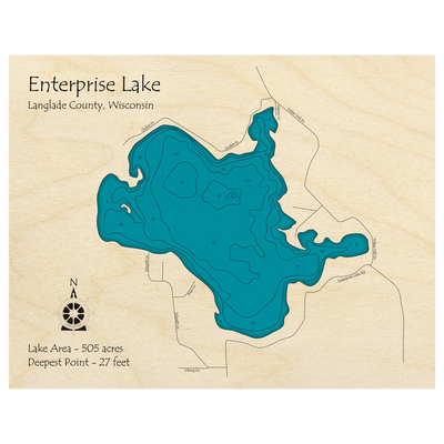 Bathymetric topo map of Enterprise Lake, WI with roads, towns and depths noted in blue water.