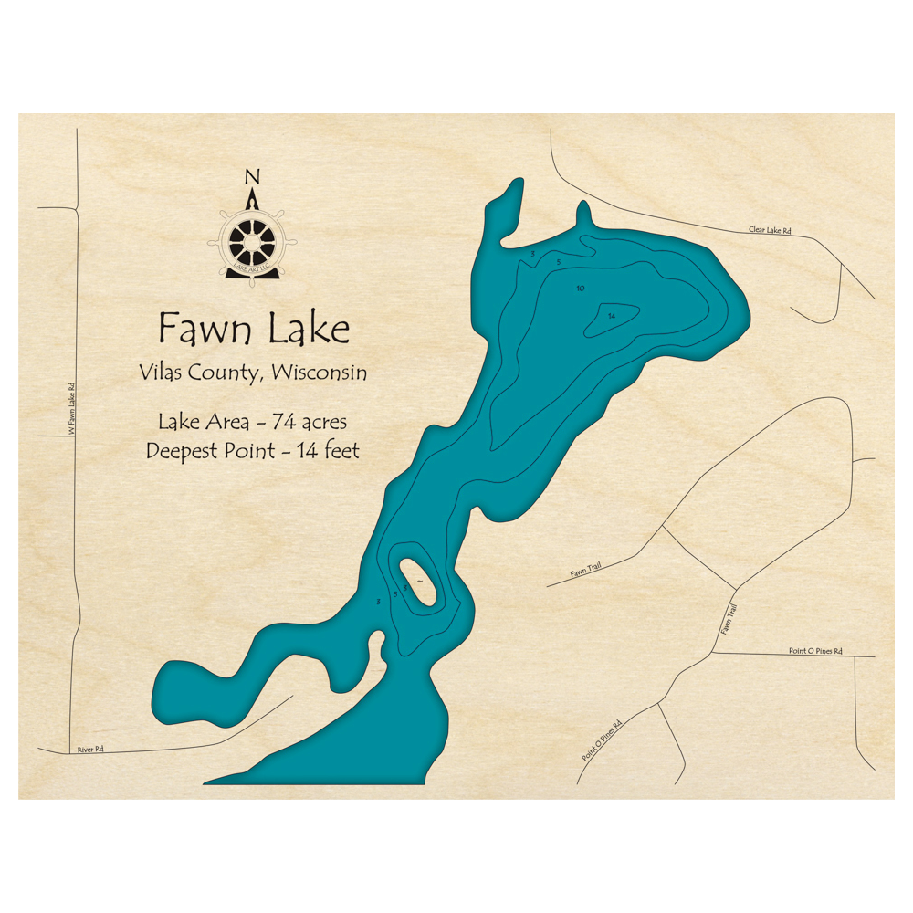 Bathymetric topo map of Fawn Lake, WI with roads, towns and depths noted in blue water.