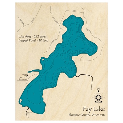 Bathymetric topo map of Fay Lake, WI with roads, towns and depths noted in blue water.