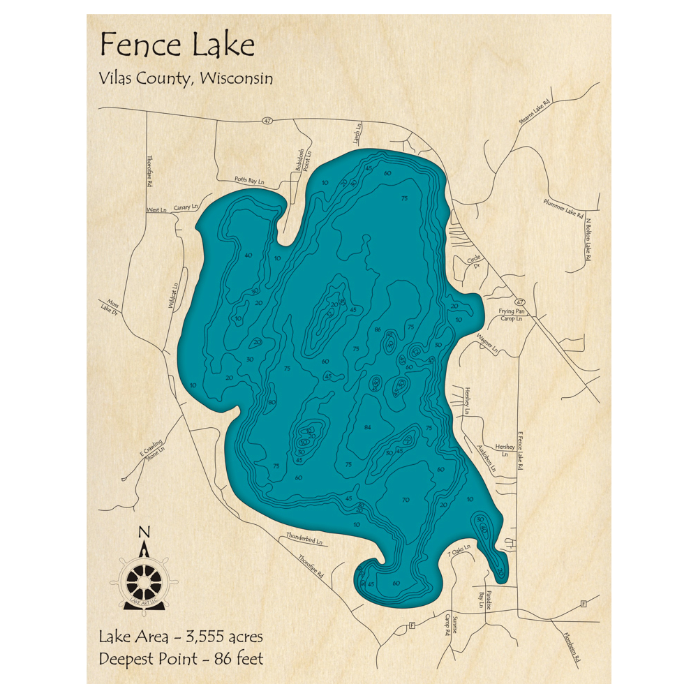 Bathymetric topo map of Fence Lake, WI with roads, towns and depths noted in blue water.