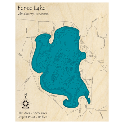Bathymetric topo map of Fence Lake, WI with roads, towns and depths noted in blue water.