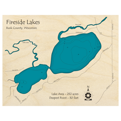 Bathymetric topo map of Fireside Lakes, WI with roads, towns and depths noted in blue water.