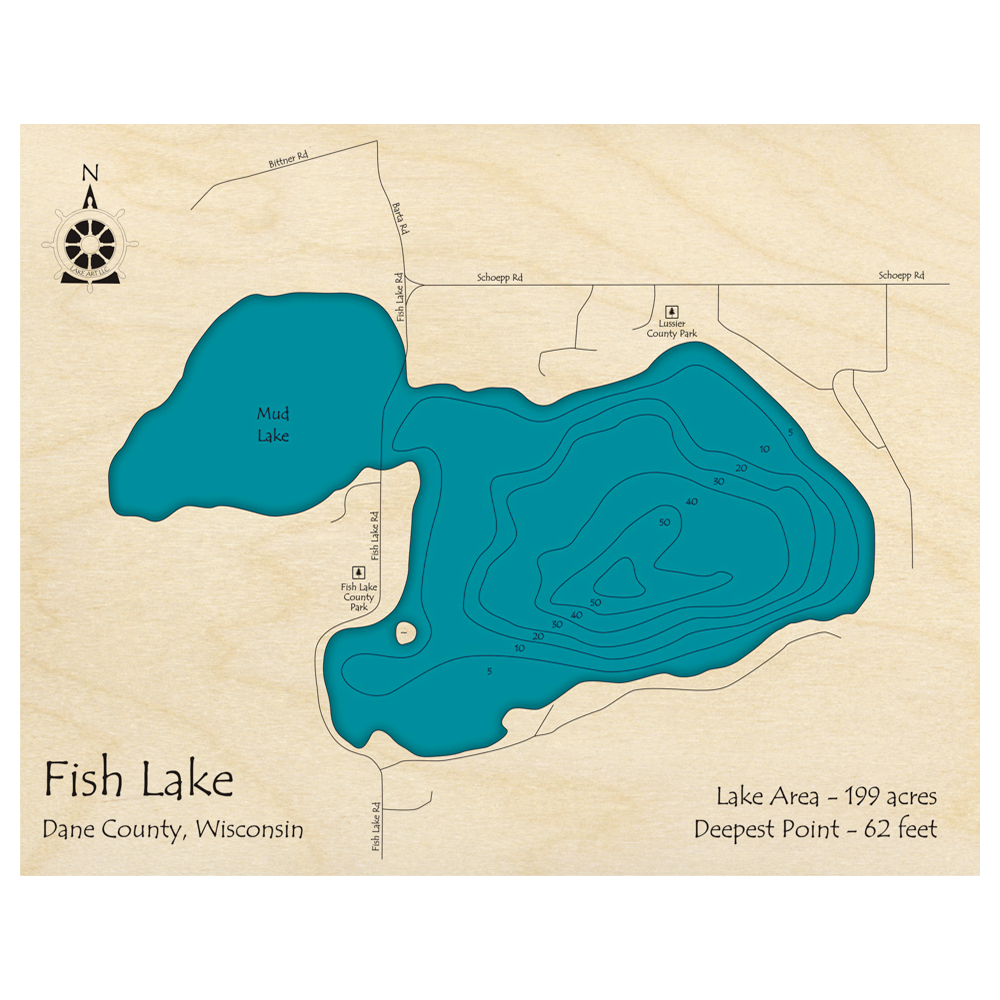 Bathymetric topo map of Fish Lake, WI with roads, towns and depths noted in blue water.