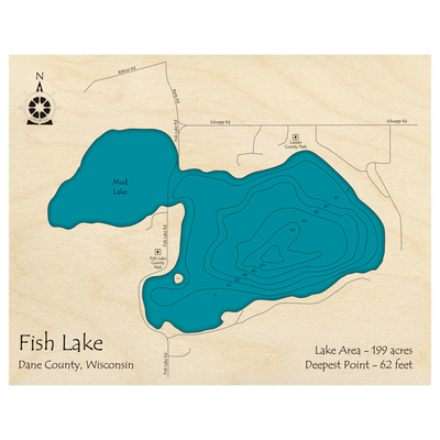 Bathymetric topo map of Fish Lake, WI with roads, towns and depths noted in blue water.