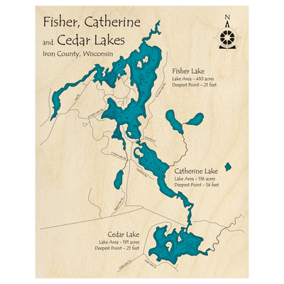 Bathymetric topo map of Fisher Lake, WI with roads, towns and depths noted in blue water.