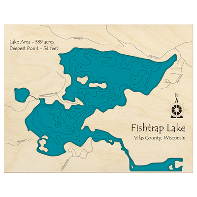 Bathymetric topo map of Fishtrap Lake, WI with roads, towns and depths noted in blue water.