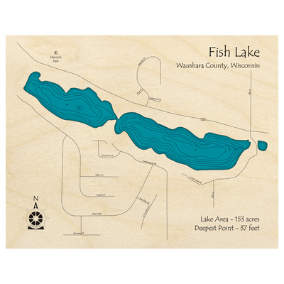 Bathymetric topo map of Fish Lake, WI with roads, towns and depths noted in blue water.