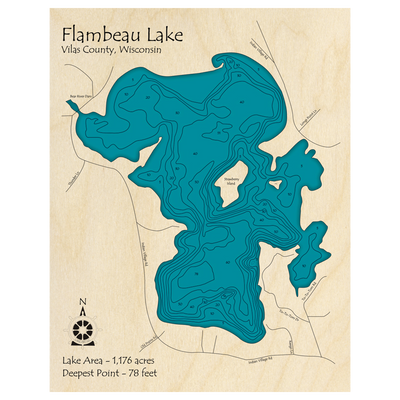 Bathymetric topo map of Flambeau Lake, WI with roads, towns and depths noted in blue water.