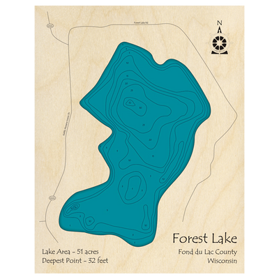 Bathymetric topo map of Forest Lake, WI with roads, towns and depths noted in blue water.