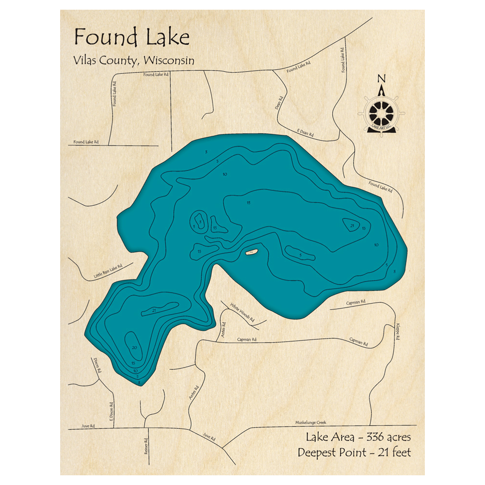 Bathymetric topo map of Found Lake, WI with roads, towns and depths noted in blue water.