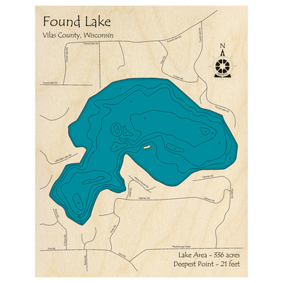 Bathymetric topo map of Found Lake, WI with roads, towns and depths noted in blue water.