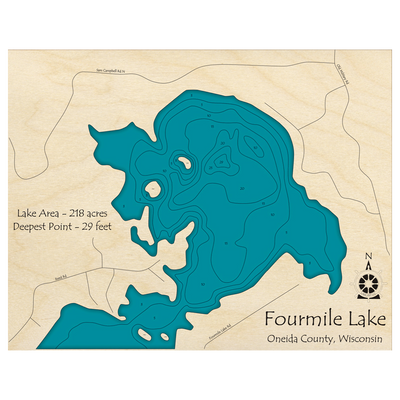Bathymetric topo map of Fourmile Lake, WI with roads, towns and depths noted in blue water.