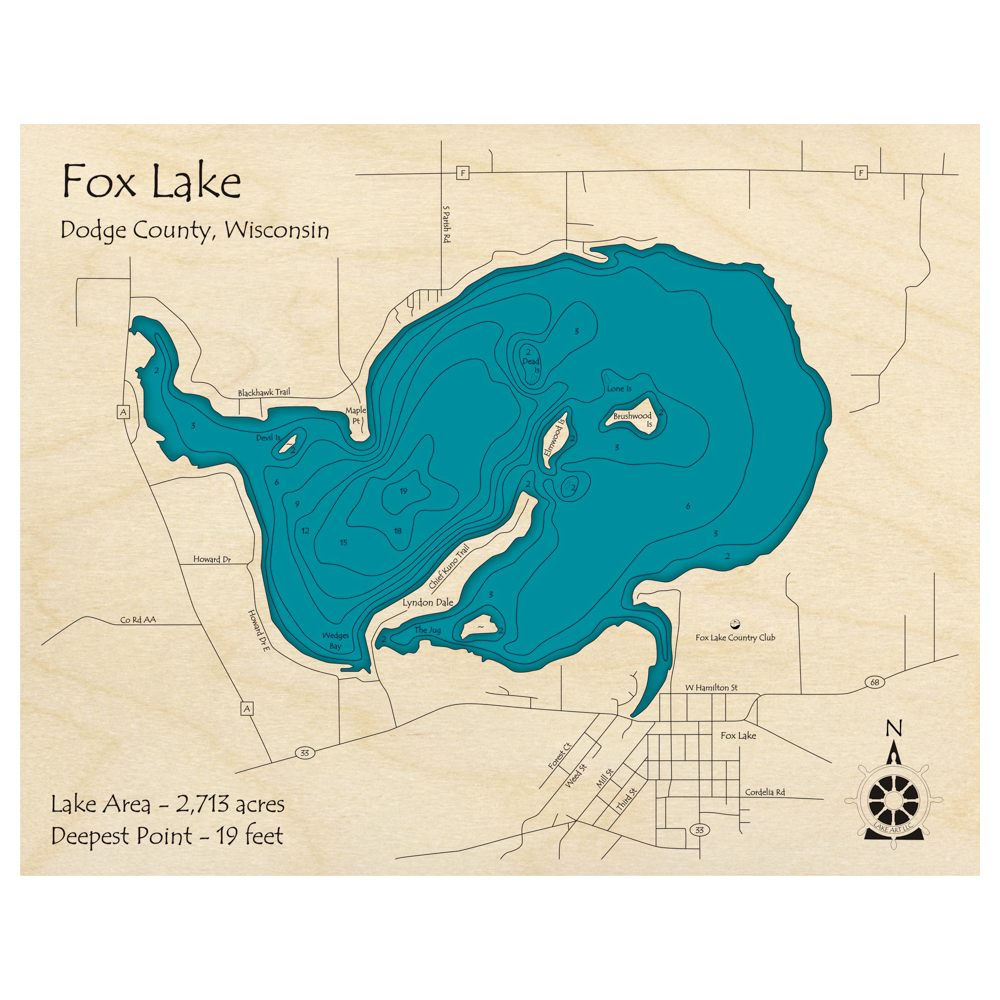 Bathymetric topo map of Fox Lake, WI with roads, towns and depths noted in blue water.