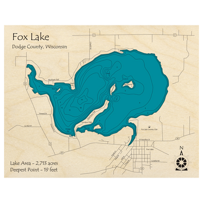 Bathymetric topo map of Fox Lake, WI with roads, towns and depths noted in blue water.
