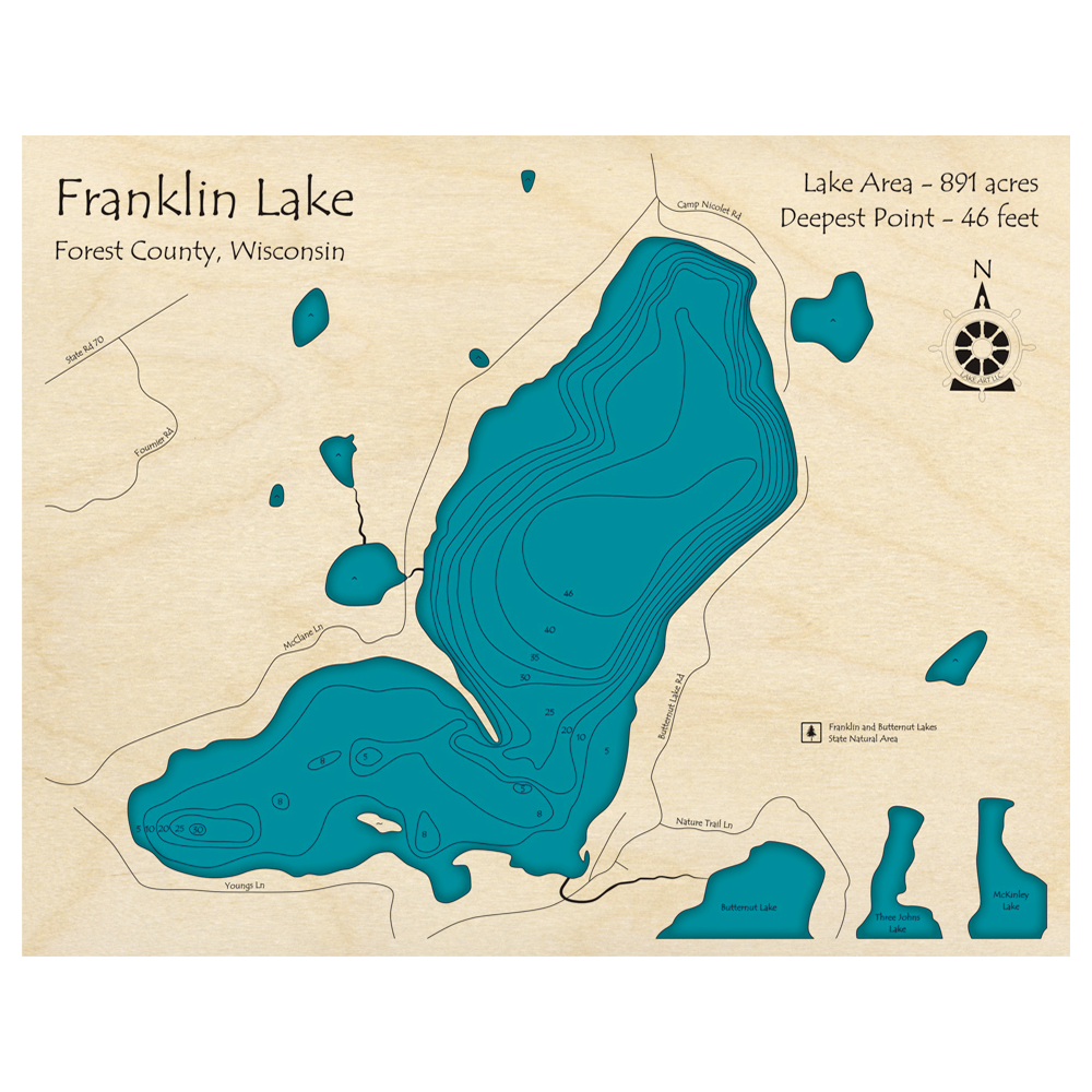 Bathymetric topo map of Franklin Lake, WI with roads, towns and depths noted in blue water.
