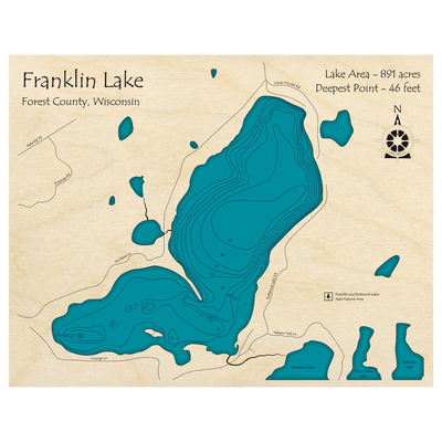 Bathymetric topo map of Franklin Lake, WI with roads, towns and depths noted in blue water.