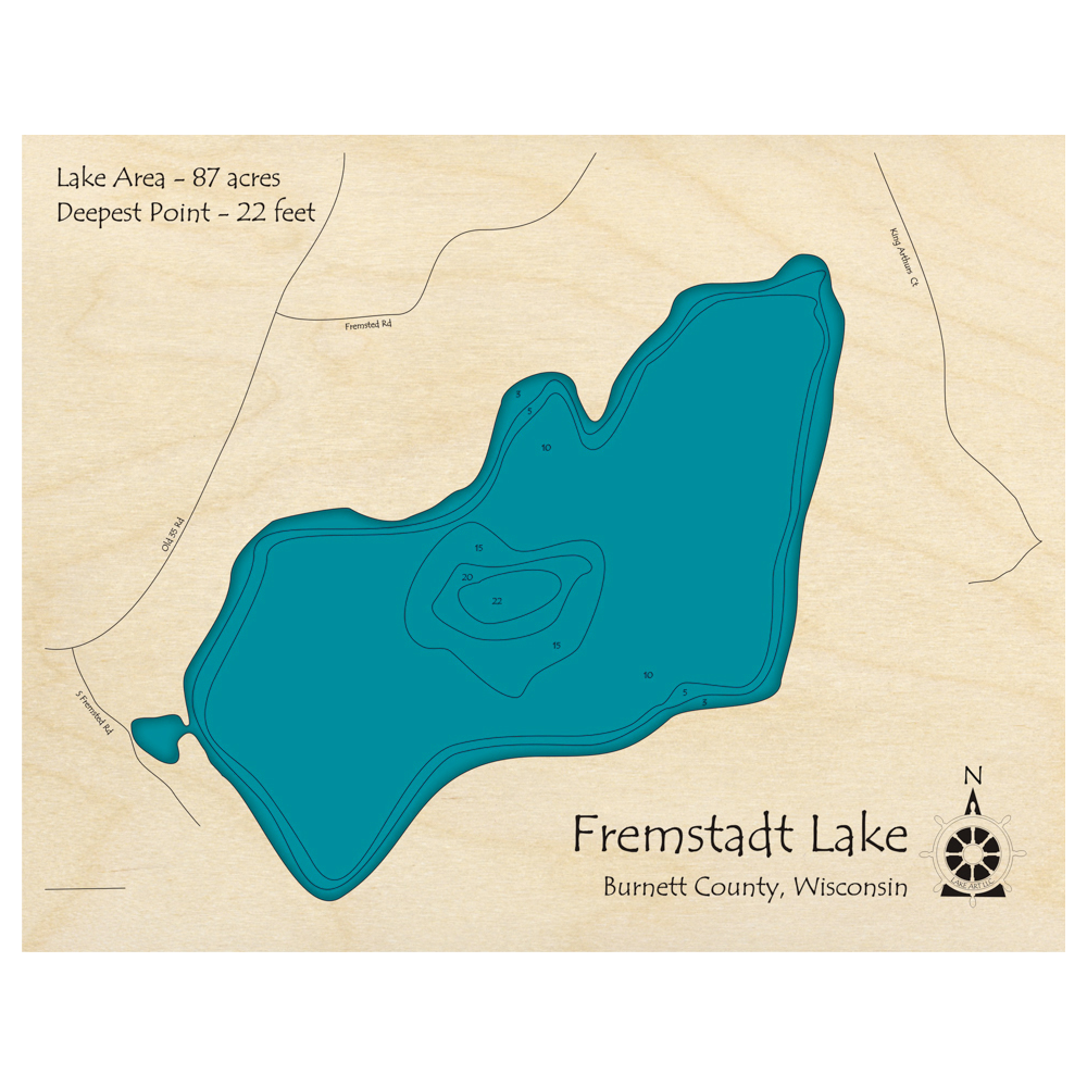 Bathymetric topo map of Fremstadt Lake, WI with roads, towns and depths noted in blue water.