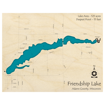 Bathymetric topo map of Friendship Lake, WI with roads, towns and depths noted in blue water.