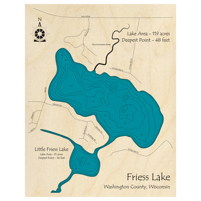 Bathymetric topo map of Friess Lake, WI with roads, towns and depths noted in blue water.