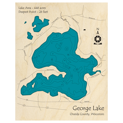 Bathymetric topo map of George Lake, WI with roads, towns and depths noted in blue water.
