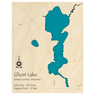 Bathymetric topo map of Ghost Lake, WI with roads, towns and depths noted in blue water.