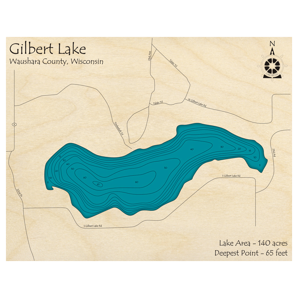 Bathymetric topo map of Gilbert Lake, WI with roads, towns and depths noted in blue water.