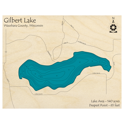 Bathymetric topo map of Gilbert Lake, WI with roads, towns and depths noted in blue water.