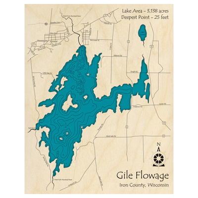 Bathymetric topo map of Gile Flowage, WI with roads, towns and depths noted in blue water.