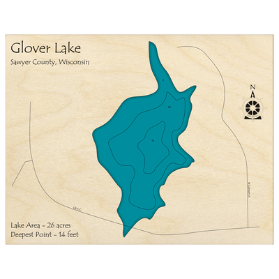 Bathymetric topo map of Glover Lake, WI with roads, towns and depths noted in blue water.