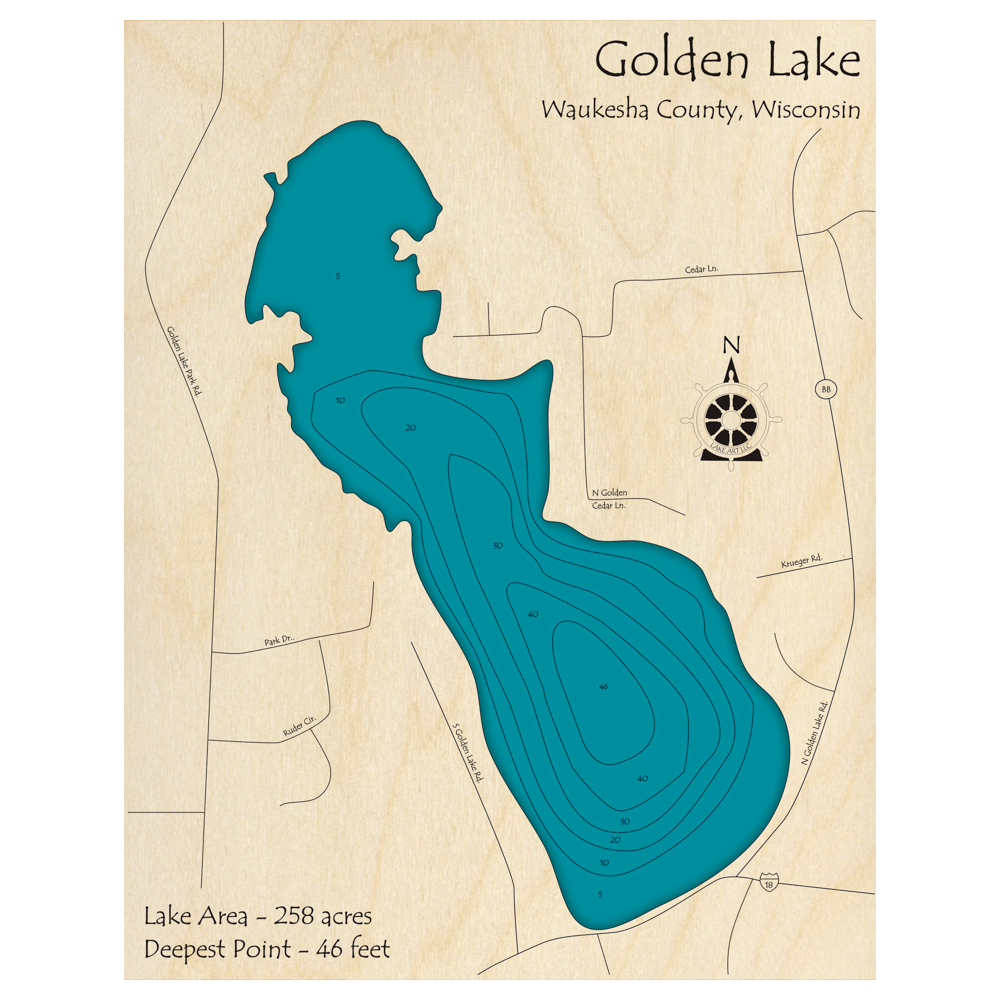Bathymetric topo map of Golden Lake, WI with roads, towns and depths noted in blue water.