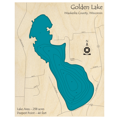 Bathymetric topo map of Golden Lake, WI with roads, towns and depths noted in blue water.
