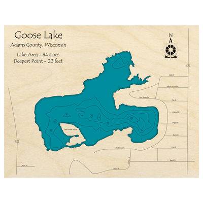 Bathymetric topo map of Goose Lake, WI with roads, towns and depths noted in blue water.