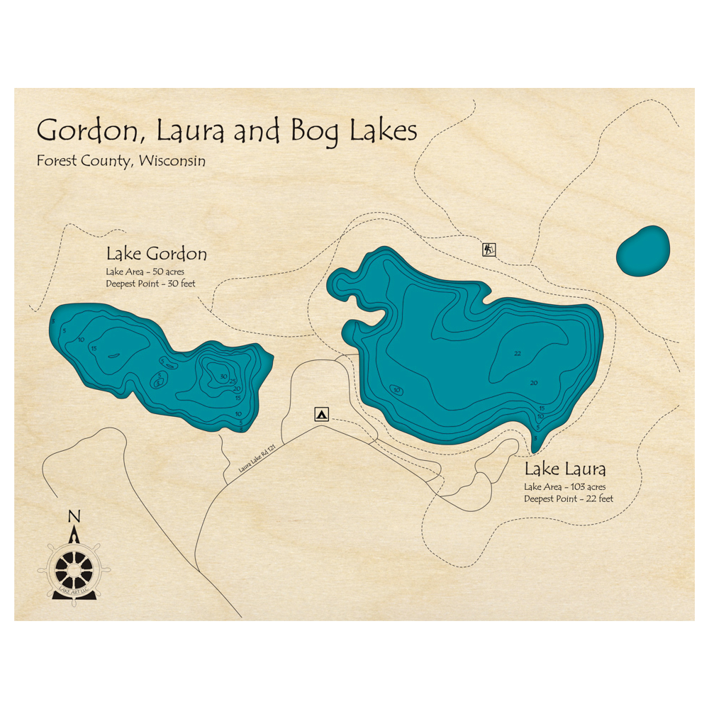 Bathymetric topo map of Gordon Laura and Bog Lakes, WI with roads, towns and depths noted in blue water.