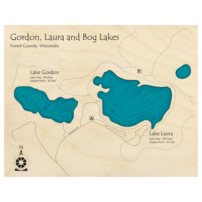 Bathymetric topo map of Gordon Laura and Bog Lakes, WI with roads, towns and depths noted in blue water.