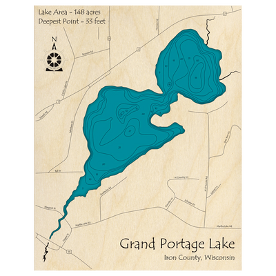Bathymetric topo map of Grand Portage Lake, WI with roads, towns and depths noted in blue water.