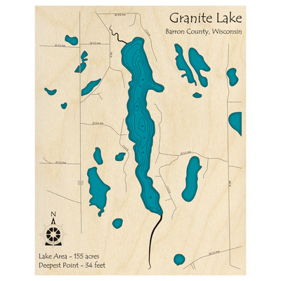 Bathymetric topo map of Granite Lake, WI with roads, towns and depths noted in blue water.