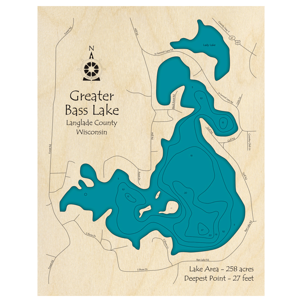 Bathymetric topo map of Greater Bass Lake, WI with roads, towns and depths noted in blue water.