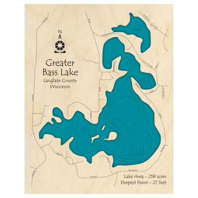Bathymetric topo map of Greater Bass Lake, WI with roads, towns and depths noted in blue water.