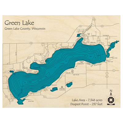 Bathymetric topo map of Green Lake, WI with roads, towns and depths noted in blue water.