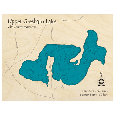 Bathymetric topo map of Gresham Lake, WI with roads, towns and depths noted in blue water.