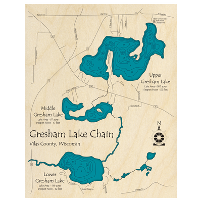 Bathymetric topo map of Gresham Lake Chain, WI with roads, towns and depths noted in blue water.