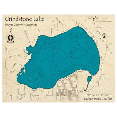 Bathymetric topo map of Grindstone Lake, WI with roads, towns and depths noted in blue water.