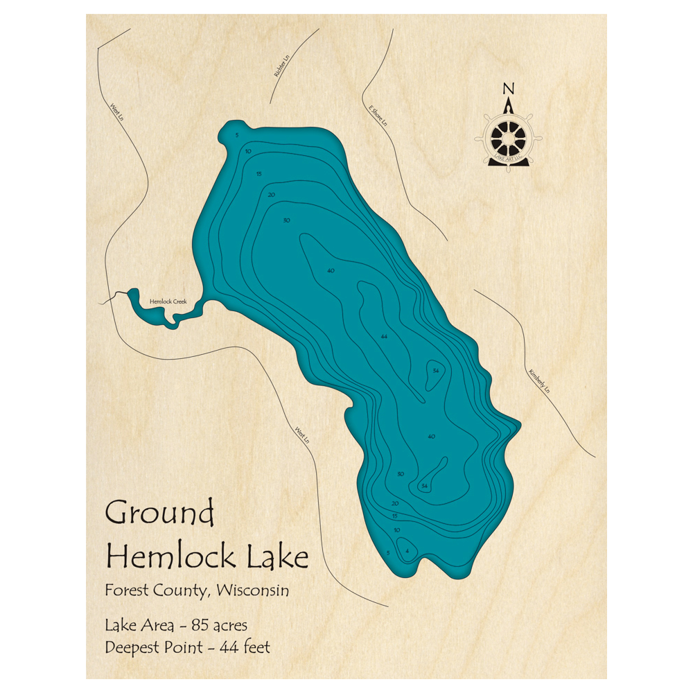 Bathymetric topo map of Ground Hemlock, WI with roads, towns and depths noted in blue water.