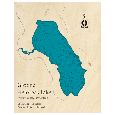 Bathymetric topo map of Ground Hemlock, WI with roads, towns and depths noted in blue water.