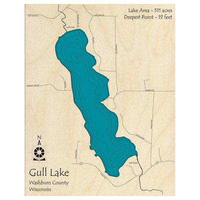 Bathymetric topo map of Gull Lake, WI with roads, towns and depths noted in blue water.