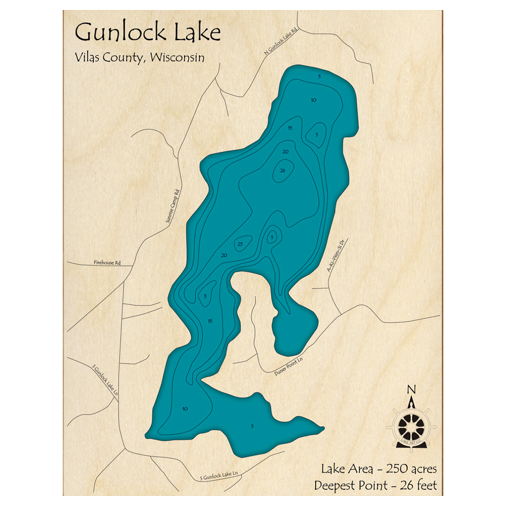 Bathymetric topo map of Gunlock Lake, WI with roads, towns and depths noted in blue water.