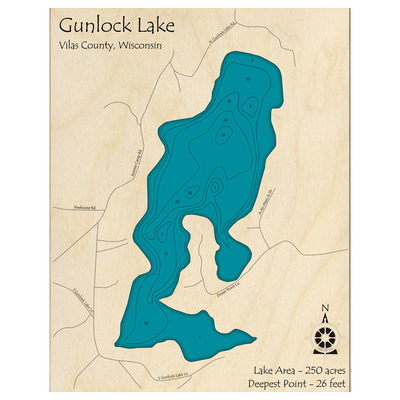 Bathymetric topo map of Gunlock Lake, WI with roads, towns and depths noted in blue water.